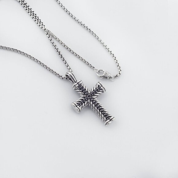 David Yurman 925 Silver Black Diamonds Chevron Cross Pendant Necklace - Picture 5 of 6